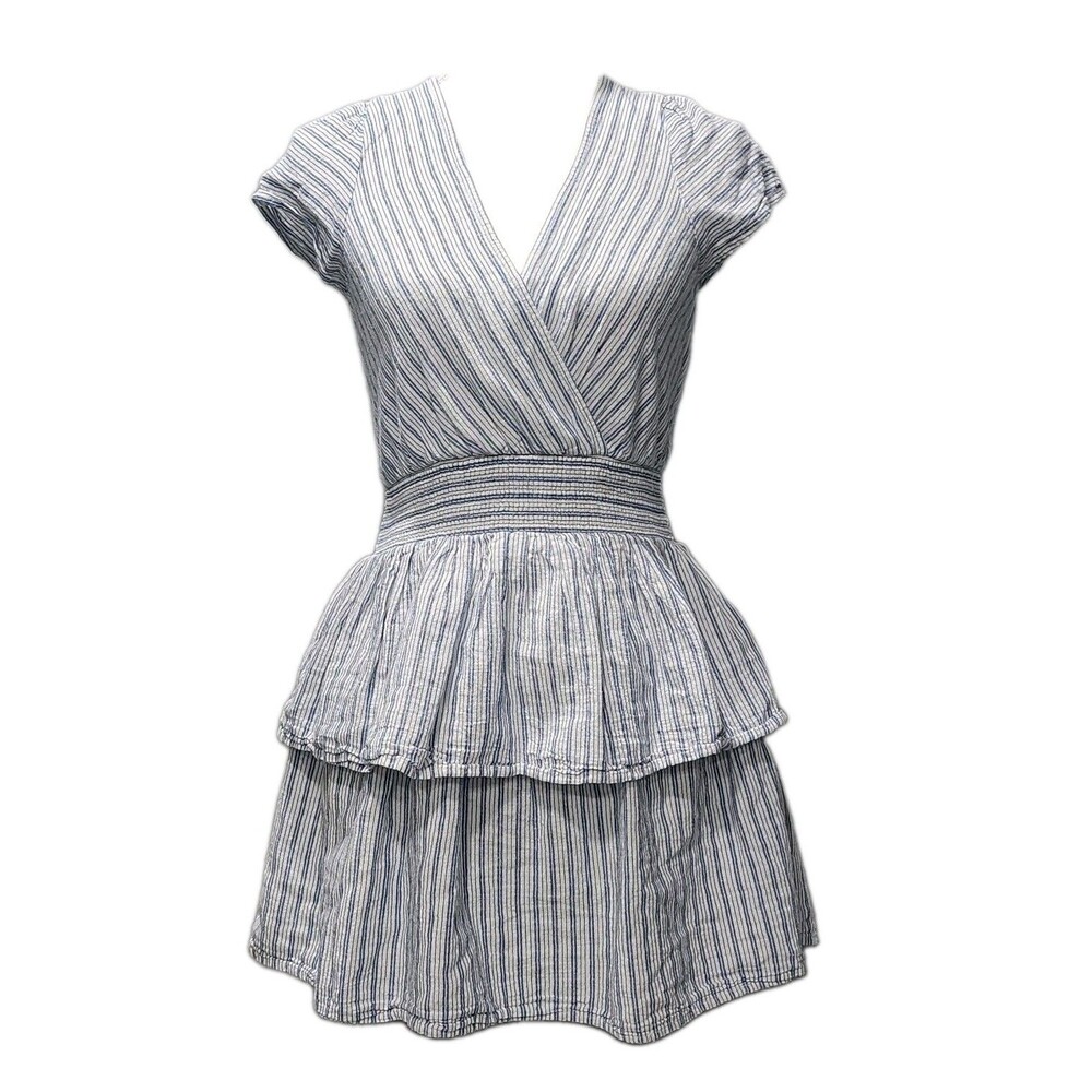 American Eagle Blue and White Cotton Linen Striped Mini Ruffled Dress Size Small